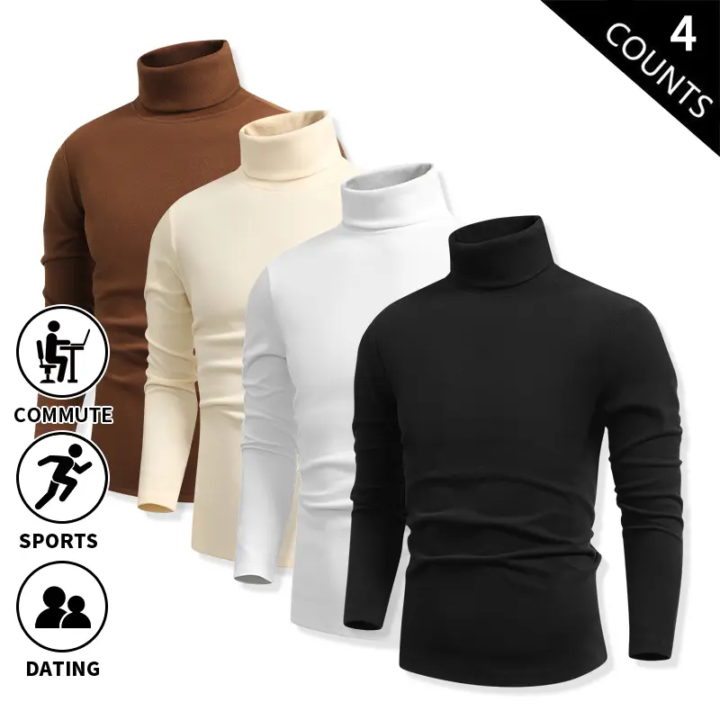 4-Pack Men’s Thermal Fleece High-Neck Base Layer Long-Sleeve T-Shirts for Autumn/Winter, Slim Fit, Stretchy, Solid Color, Simple Basic Tops for Commuting