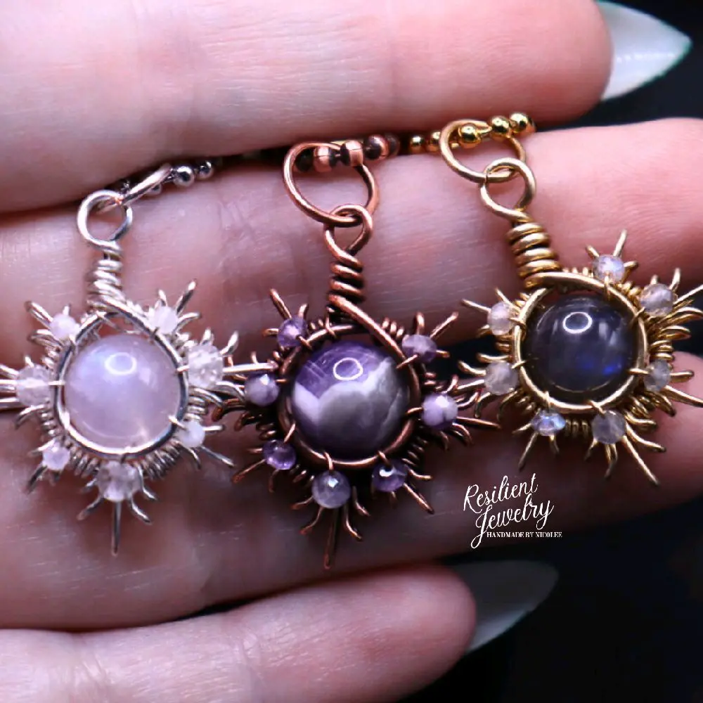 Crystal Snowflake Wire Wrapped Pendants- Moonstone Amethyst or Labradorite made in Silver Gold or Copper