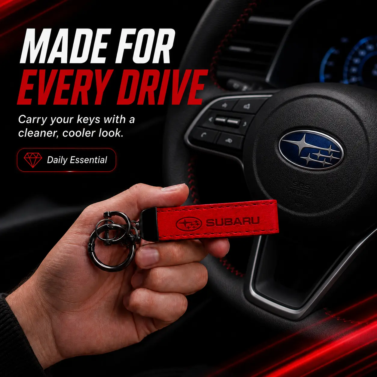 For Subaru Crosstrek Forester Outback Impreza Ascent WRX BRZ Legacy Solterra, Premium Leather Car Keychain, Metal Key Ring Key Fob Holder with Swivel Clip, Anti-Lost Automotive Accessory, Stylish Driver Gift for Men Women, Red or Black
