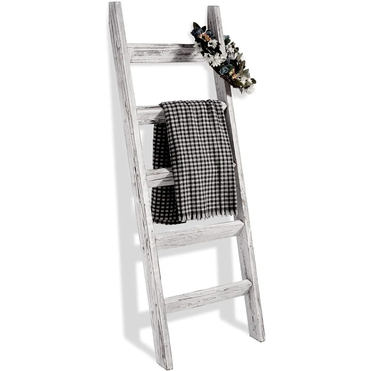 Rustic White 5ft (58in) Indoor Wooden Blanket Ladder - Wall-Leaning Farmhouse Decor, 1.18x3" Rungs, Easy Assembly Easy to Move Storage Holder for Living Room, Bathroom, Quilts, Towels