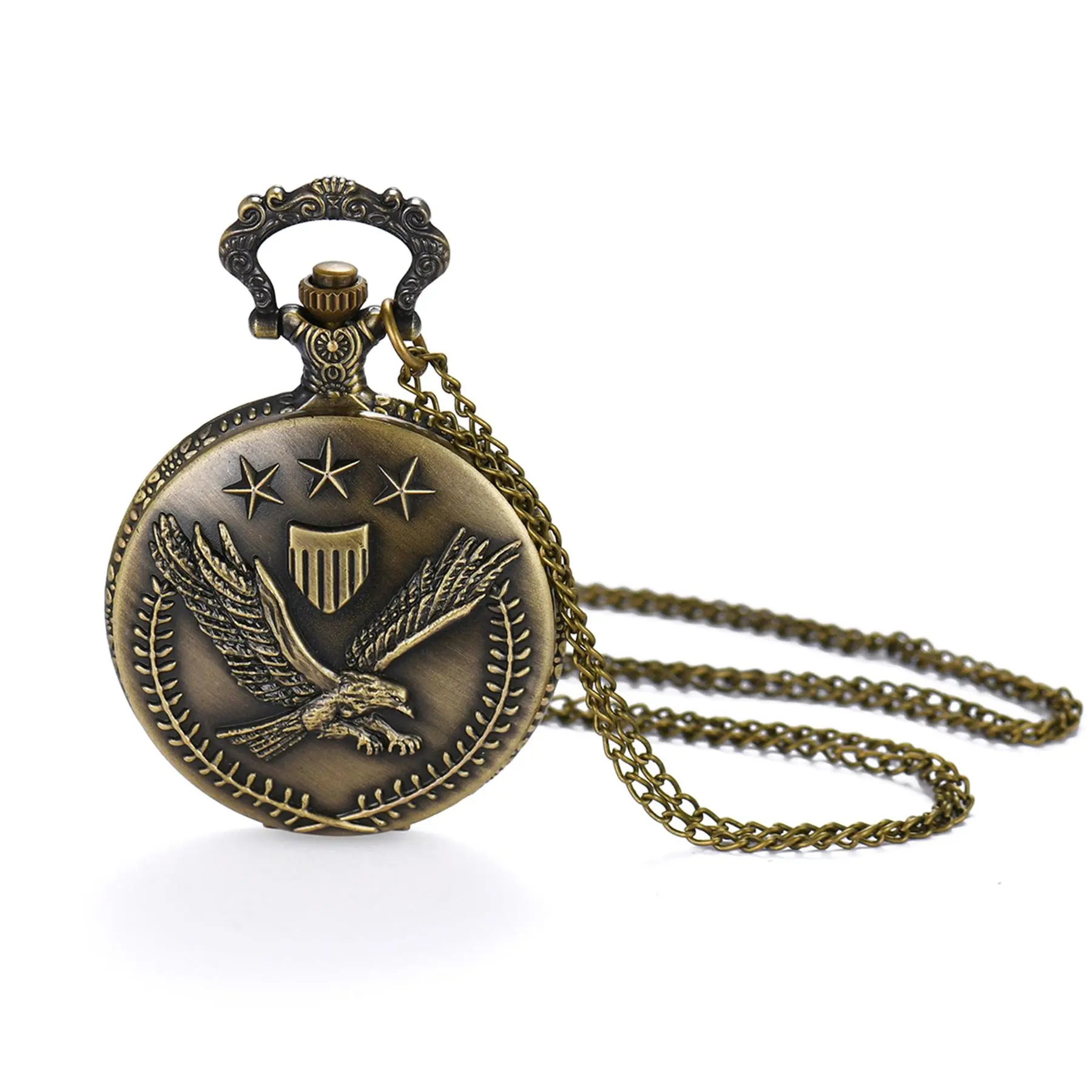OIDEA Vintage Engraved Metal Pocket Watch, Antique Bronze Fob Watch with American Eagle & Star Relief, Quartz Necklace for Men & Women, Patriotic US Pride Gift, Bucklereless Pocket & Fob Watches, Engraved Metal Pocket & Fob Watches
