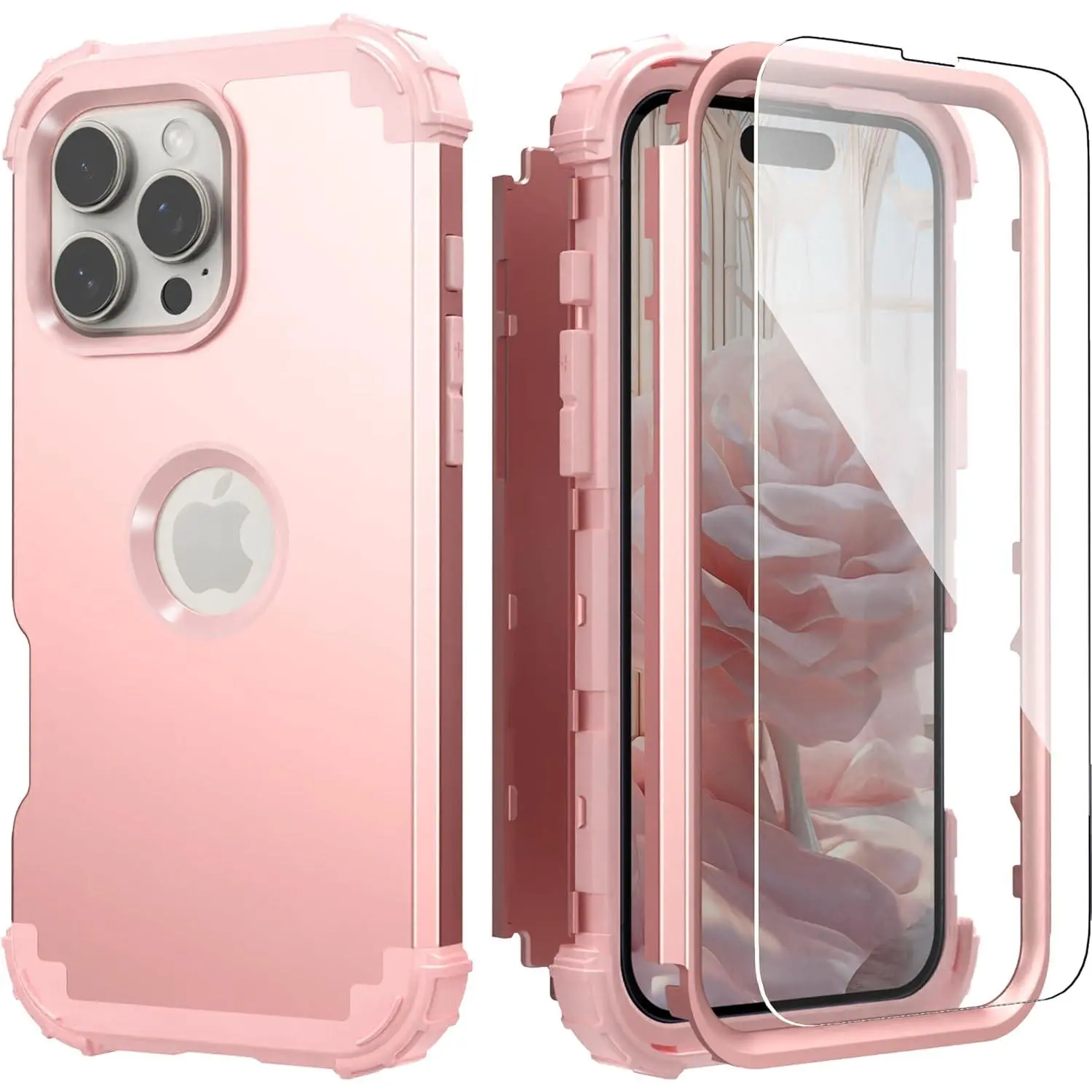 for  16 Pro Max Case with Screen Protector for Women, 3 in 1 Shockproof Slim Fit Hybrid Heavy Duty Hard PC Cover Soft  Bumper Full  Anti-Fingerprint Case, Rose