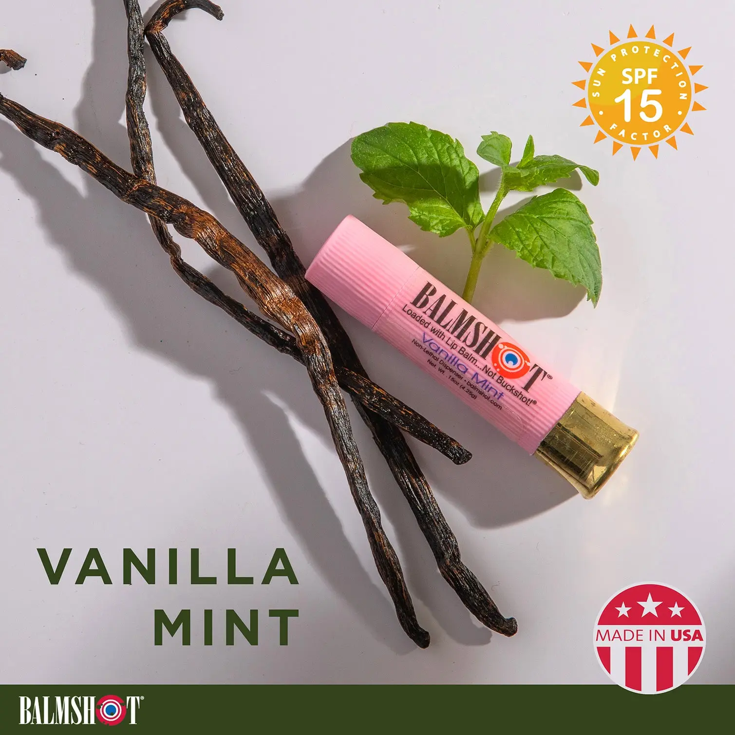 BALMSHOT Vanilla Mint Lip Balm with SPF 15 - Real Shotgun Shell Design, Non-Lethal Dispenser, USA Made, Double Barrel Sunscreen, Aloe-Infused, Prevents Sun & Windburn, Smooth Flavor, Great Gift