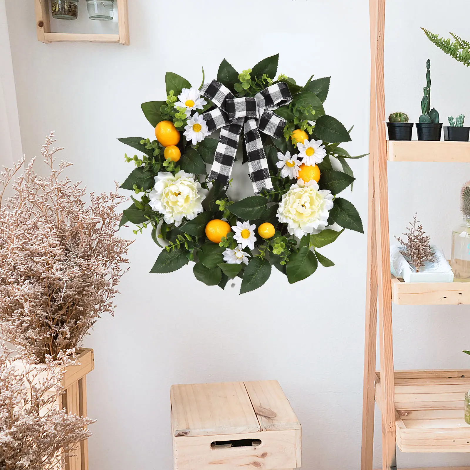 20 Inch Lemon Wreath for Front Door, Spring Summer Grapevine Wreath with Artificial Lemon, Peony and Bow, Farmhouse Decor for Indoor Outdoor Home, Kitchen, Party