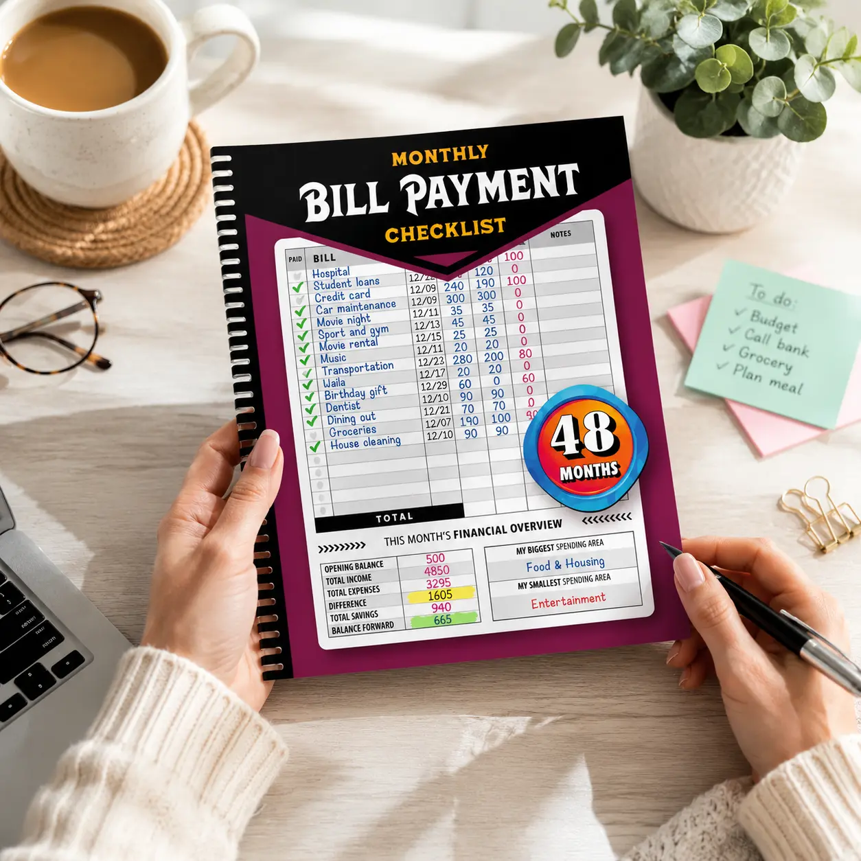 Monthly Bill Payment Checklist - Bill Tracker Notebook, 4-Year Budget Track Guide for Families, 128-Page Book with 960 Billing Records (Office Personal Organiser), 128 Pages