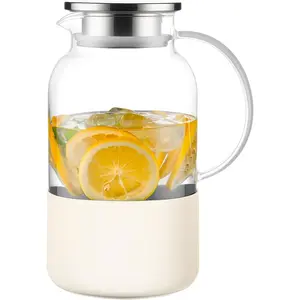 Jug Pitcher with Base 61oz/ 1.8L, Hot& Cold Pitcher with Lid and Handle, Carafe with Lid for Coffee, Juice, Lemonade and Milk (Off-white base)