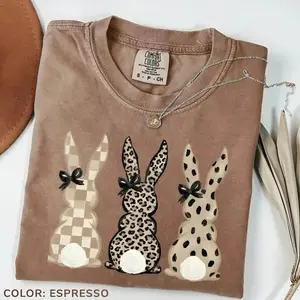 Comfort Colors Neutral Easter Bunny T-Shirt, Leopard and Checkered Pattern Graphic Tee, Cute Coquette Spring Shirt for Women, Soft Casual Easter Outfit