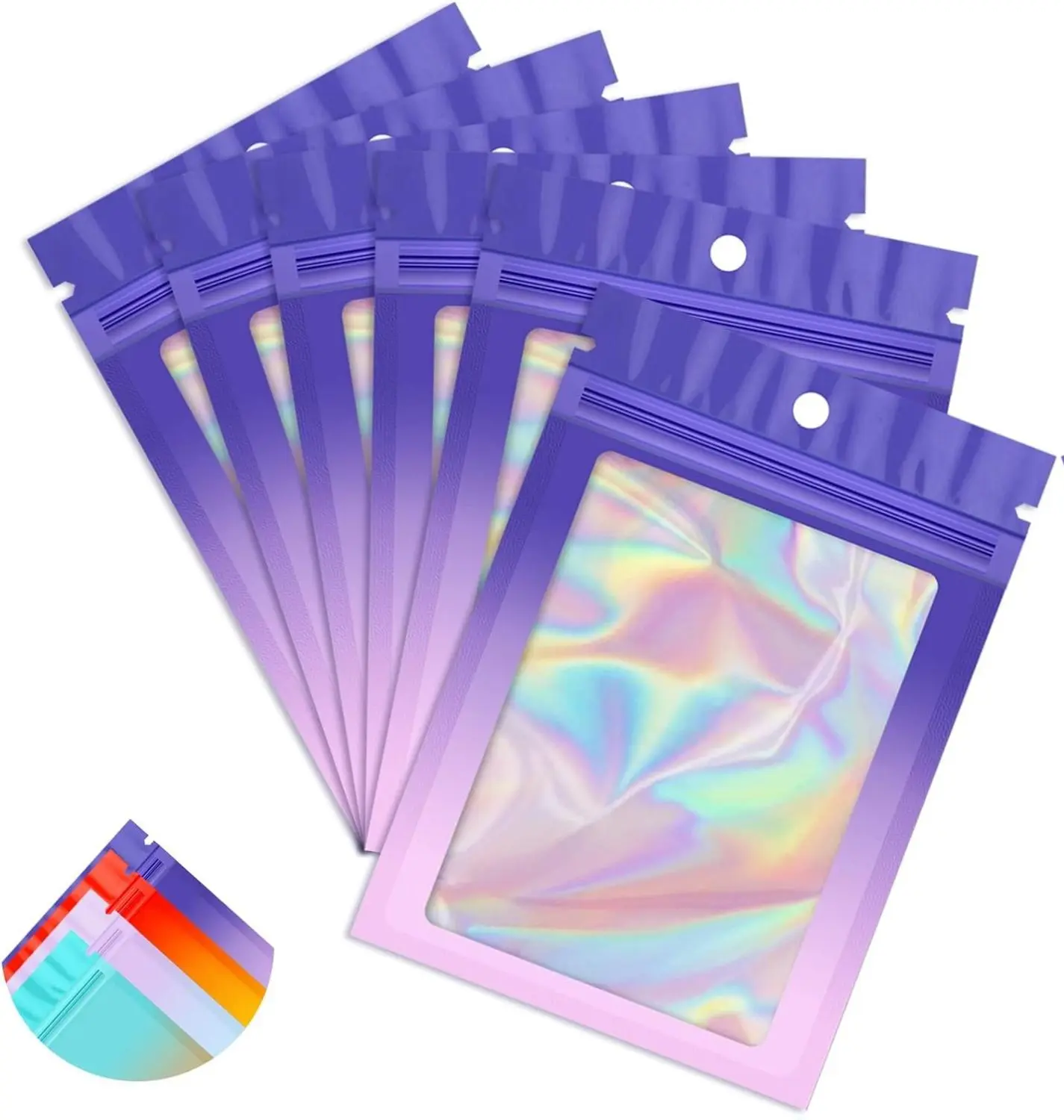 100-Pack PVC & Foil Multifunctional Gradient Holographic Aluminium Zippered Resealable Storage Bags, 2.7×3.9in Purple Pink Mylar Pouches with See-Through Window, Odorproof Home Organizers for Homemade Gifts, Food Storage, Jewellery