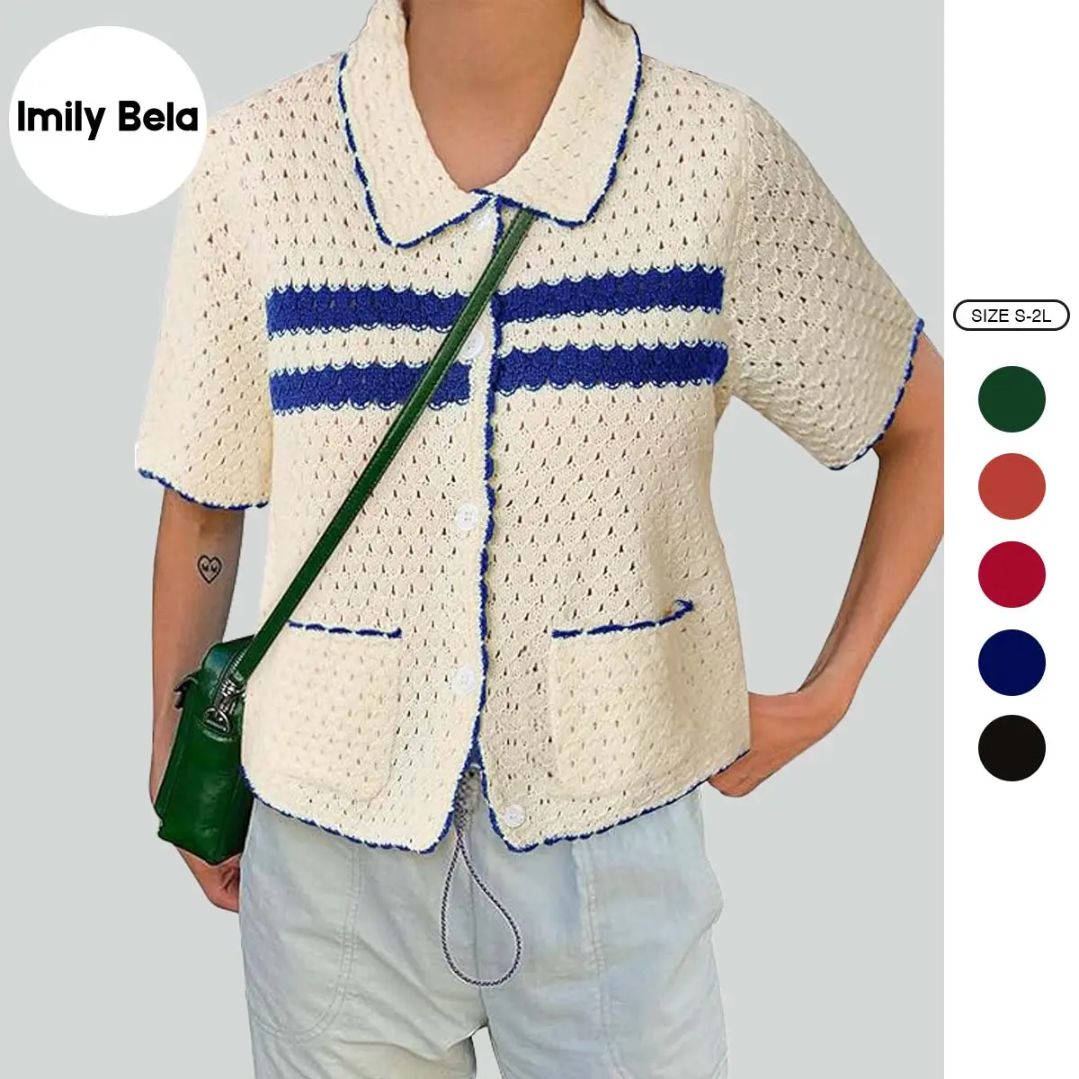 Imily Bela Womens Striped Short Sleeve Sweater Casual Knitted Button Down Crochet Cardigan Vintage Y2k Hollow-Out Tops