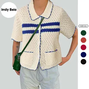 Imily Bela Womens Striped Short Sleeve Sweater Casual Knitted Button Down Crochet Cardigan Vintage Y2k Hollow-Out Tops