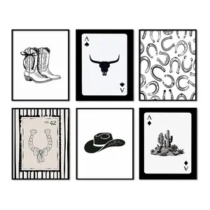 6pcs/set Unframed Playing Card Western Wall Art Poster Canvas Print Cowboy Cactus Bull Skull Prints Trendy Southwestern Country Home Wall Decor