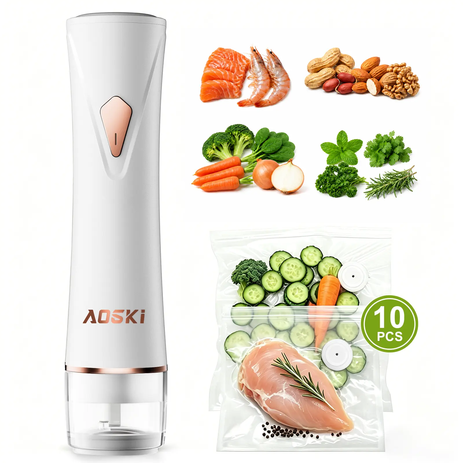 【SummerWins】AOSKI Cordless Powerful Vacuum Sealer Machine - Kitchen Food Sealer, Spill-Proof, Food-Grade, Easy Clean After Use, Automatic & Manual Modes, 10 Reusable Bags, USB Recharge, Long-Lasting Battery, Reduces Waste, Fresh Up to 5x