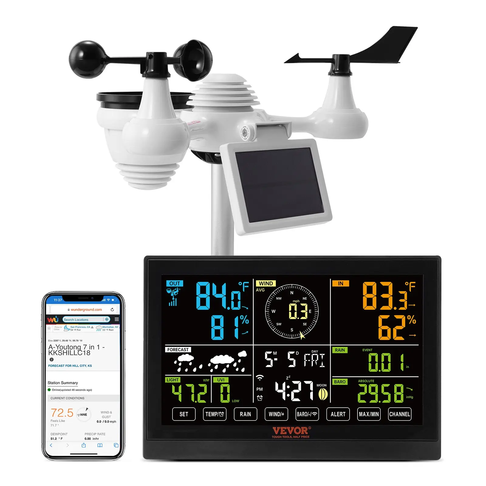 【summerfinds】VEVOR 7-in-1 Wi-Fi Weather Station with 7.5 in Color Display, Solar Wireless Outdoor Sensor, Alarm Alerts, Solar Wireless Thermometer for Temperature, Humidity, Wind Speed/Direction, Rain, Indoor Outdoor Home Use (Various Specifications)