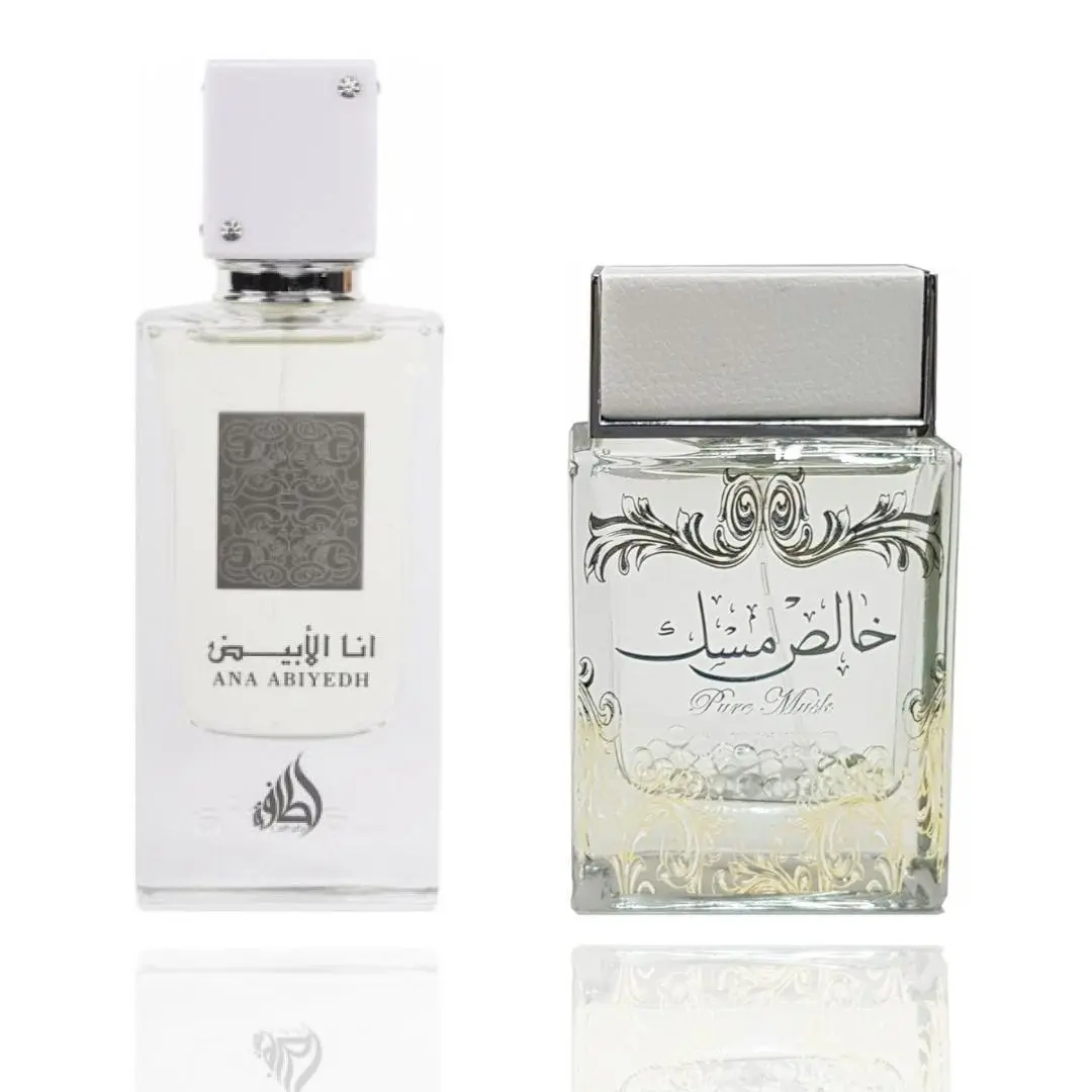 Lattafa Unisex 2-Piece EDP Perfume Spray Bundle - Pure White Musk + ANA ABIYEDAH, Modern Middle Eastern Woody Refreshing Fragrance with Saffron, Bergamot, Cardamom, Jasmine, Non-Toxic