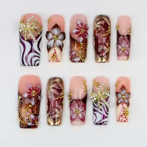 EG9-Orchid Marble Press-On Nails, Burgundy Floral Art, Abstract Zebra Detail, Gold Pearl Embellishment, Glossy Luxury Handmade Statement Holiday Nail Set, Gift for Her