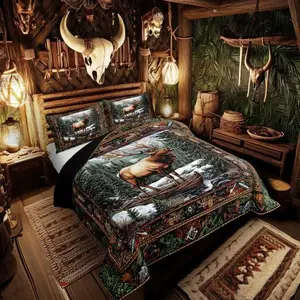 Elk Deer Comforter Set for Kids,Wildlife Animals Hunting Bedding Set,Teens Boys Room Decor,Jungle Leaves Plants Comforter for All Seasons