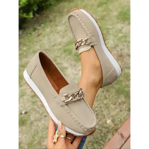 Women's Casual Slip-On Loafers, Smooth Leather Comfortable Wedge Heels, Chain Edge Decor, Perfect for Daily Wear