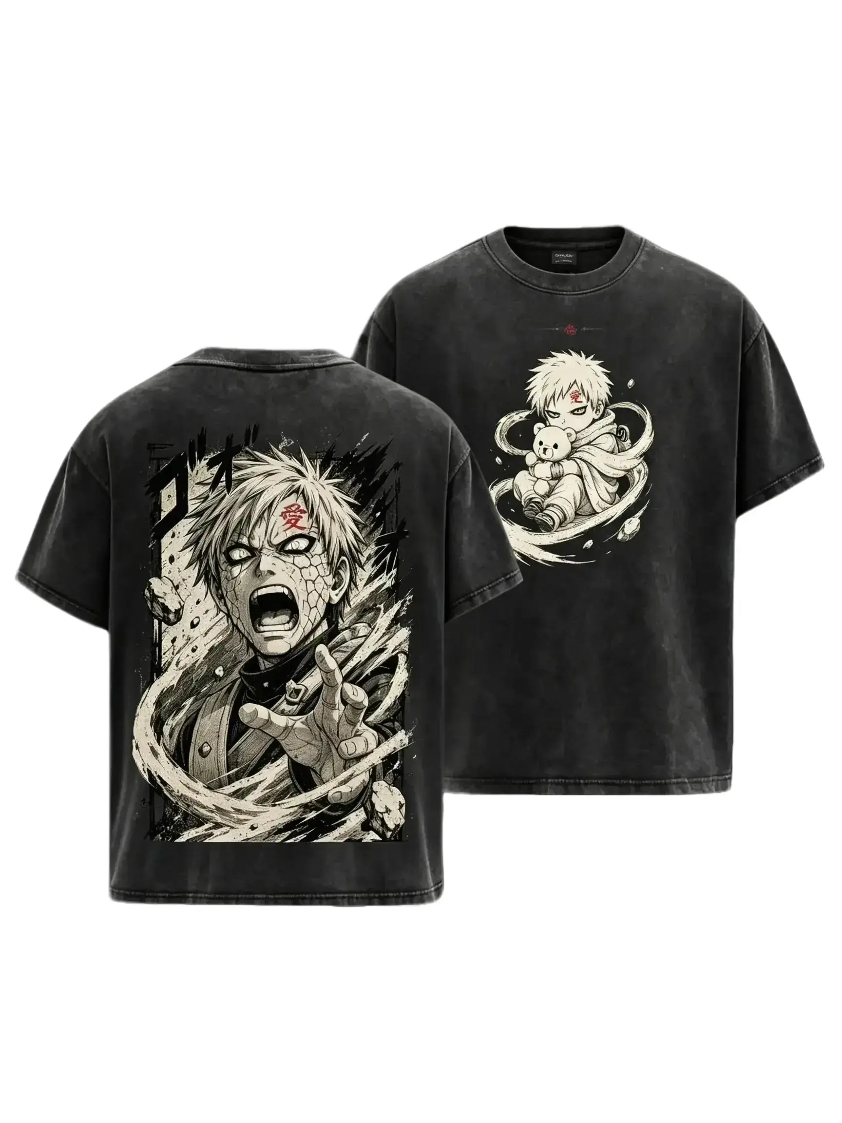 Vintage Washed Naruto Shippuden Gaara Graphic Tee Oversized Anime Streetwear Acid Wash Cotton T Shirt Japanese Manga Harajuku Y2K Casual Summer Fashion outfit Unisex Top Soft Menswear Classic Menswear