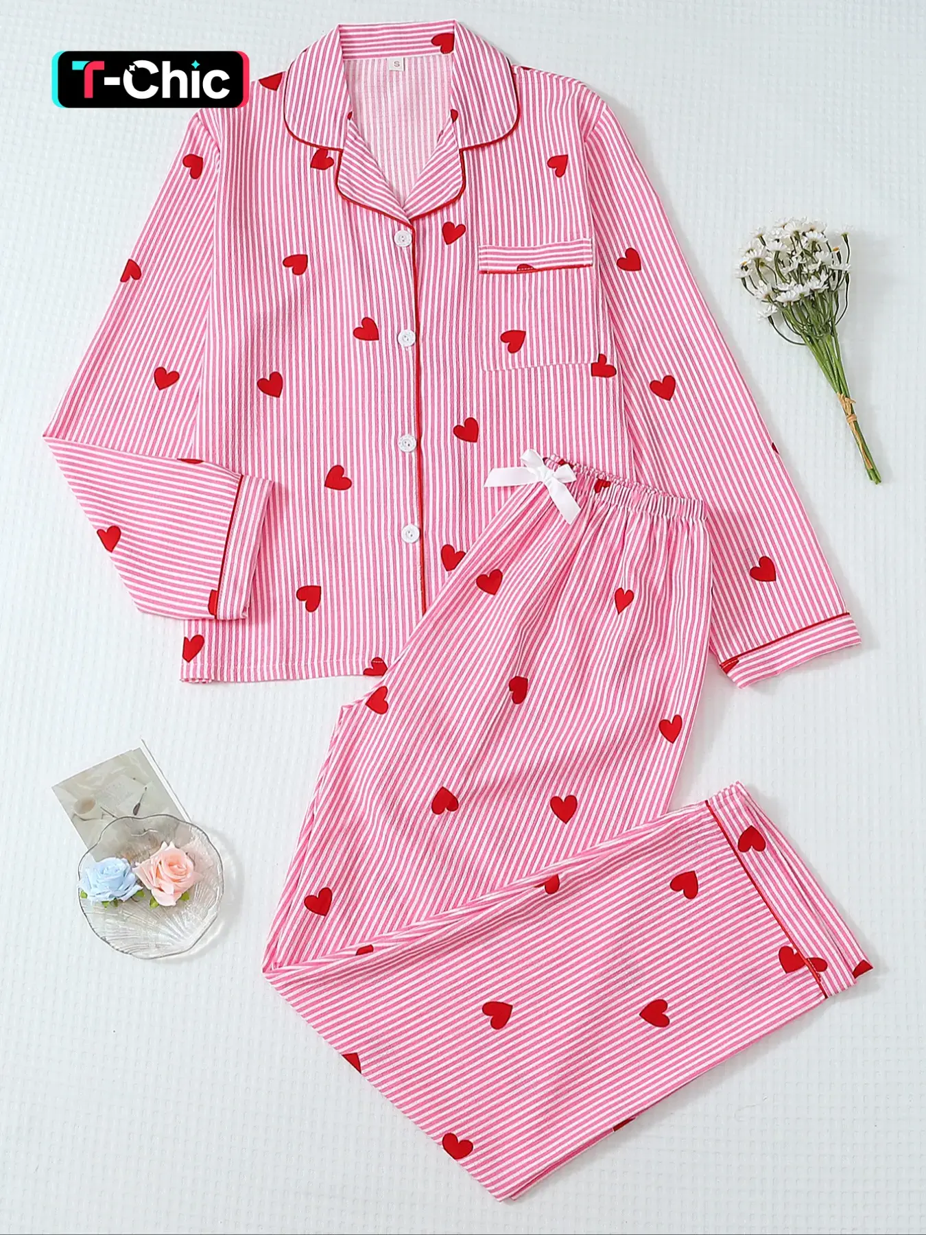 Women's Elegant Striped Heart Print Sleepwear Set, Pajama Set, Pyjamas, Pajamas, Sweet Casual Homewear, Loungewear, Pocket Design Fitted Long Sleeve Shirt & Bow Detail Pants, Nightwear Lounge Set, Loungewear Outfit