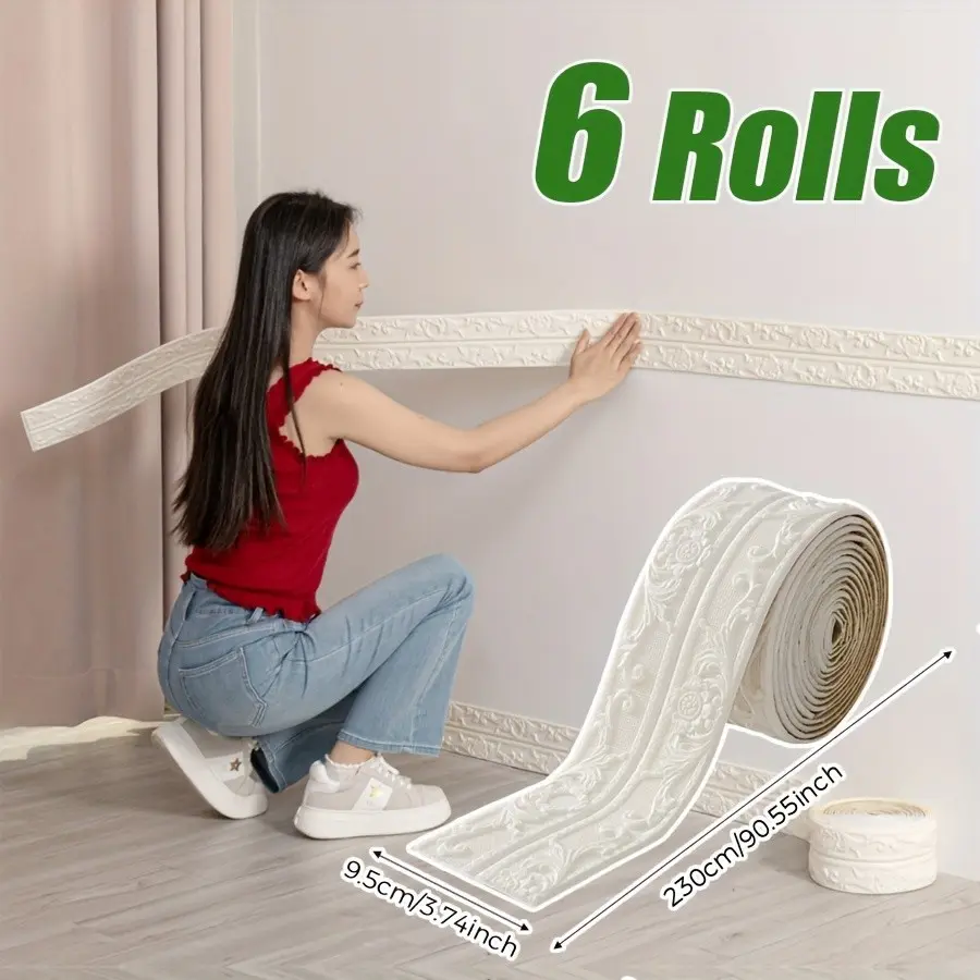 6 Rolls Thick Self-Adhesive Wall Edge Foam Trim, DIY Decorative Bathroom Peel And Stick Wallpaper, Waterproof, Retro European 3D Texture, Kitchen & Bathroom Use
