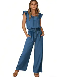 A women's solid color square neck Casual Fashion Overalls pocketless sleeveless lotus sleeve straight leg jumpsuit, suitable for summer, suitable for daily outing and home use