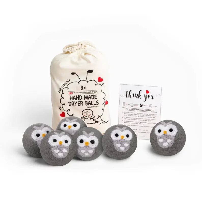 Wool Dryer Balls, Handmade New Zealand Wool, Owl Design, Eco Friendly, Set of 6