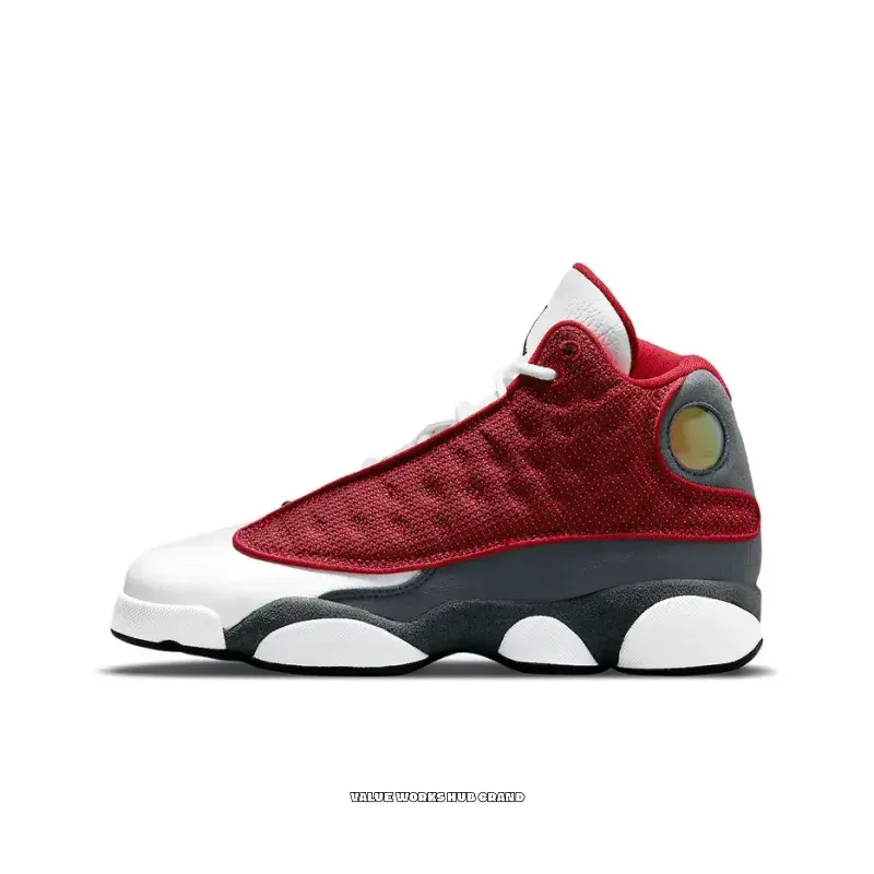 Red, White, and Grey High-Top Retro Basketball Shoes, Reflective Mesh and Tumbled Leather Upper