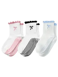 3 Pairs Bow Embroidery Women's Cute Pilates Garter Grip Handle, Anti Slip Work Dance Fitness Gift, Sporty Hearts Pattern Crew Socks