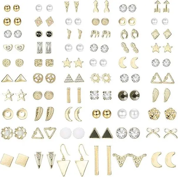 ORAZIO 60 Pairs Plated Gold Stud Earrings Set for Women Multipack Trendy Hypoallergenic Cubic Zirconia Multiple Piercings Earrings Packs Plated Gold Earrings for Women Jewelry Gift