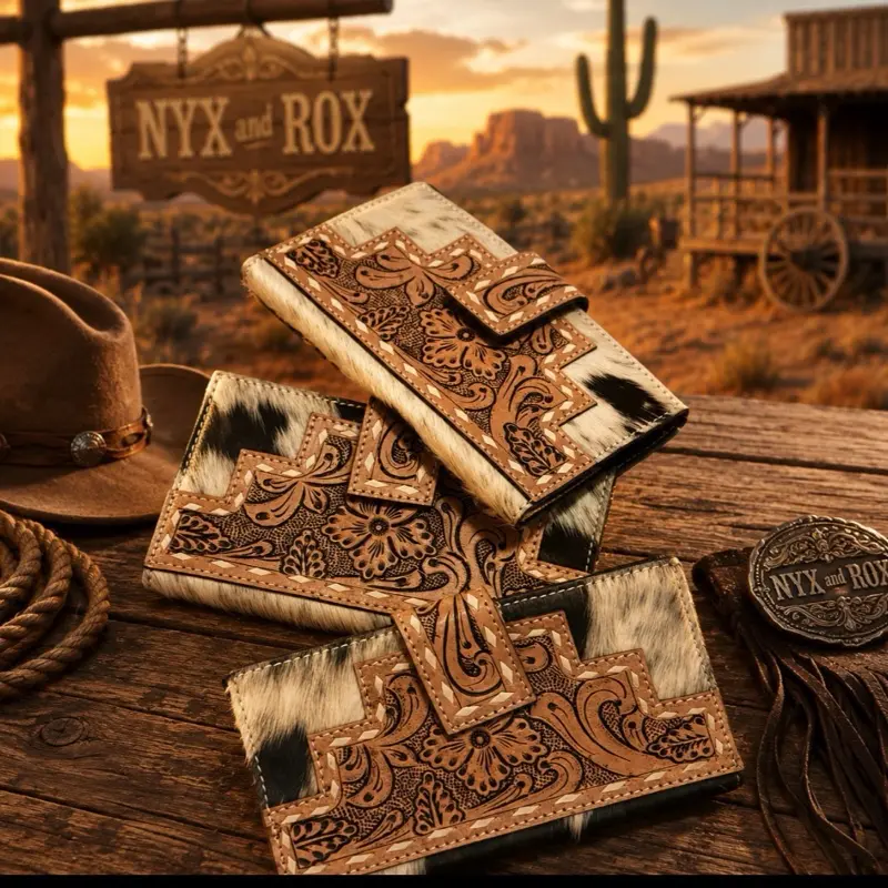 Tooled and Cowhide Hair on Snap Closure Wallet with Intricate Floral Patterns and Brown Leather