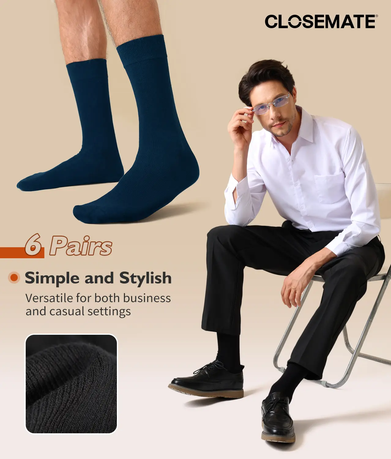 CLOSEMATE Dress Socks for Men Cotton Mid-calf Socks Breathable Crew Socks for Dress Shoes 6 Pairs