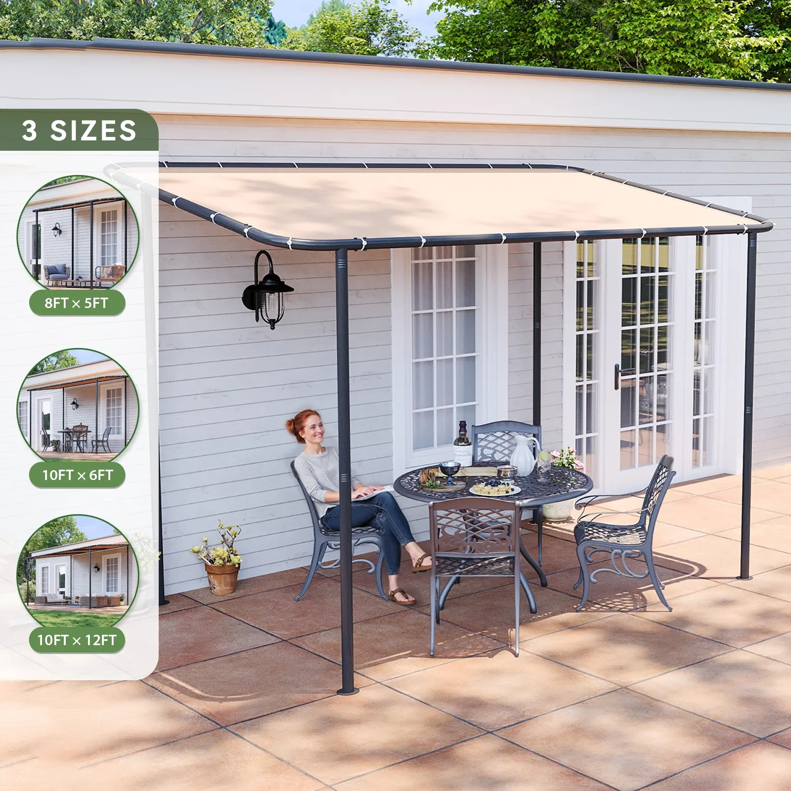Aoxun Wall-Mount Lean-to Gazebo Outdoor Canopy Shelter, 3 Sizes (8x5/10x6/10x12) Powder-Coated Steel Pergola with Pre-Drilled Holes, Sloped Roof Awning, UPF50+ UV Protection, Waterproof Khaki Cover for Patio, 1-Package Shipping