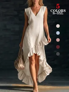 2026 Trendy Women's Romantic Feminine Flowy Linen Maxi Ruffled Dress Sleeveless V Neck Ruffle Hem Summer Casual For Beach Vacation Date Night Going Out Daily Wear