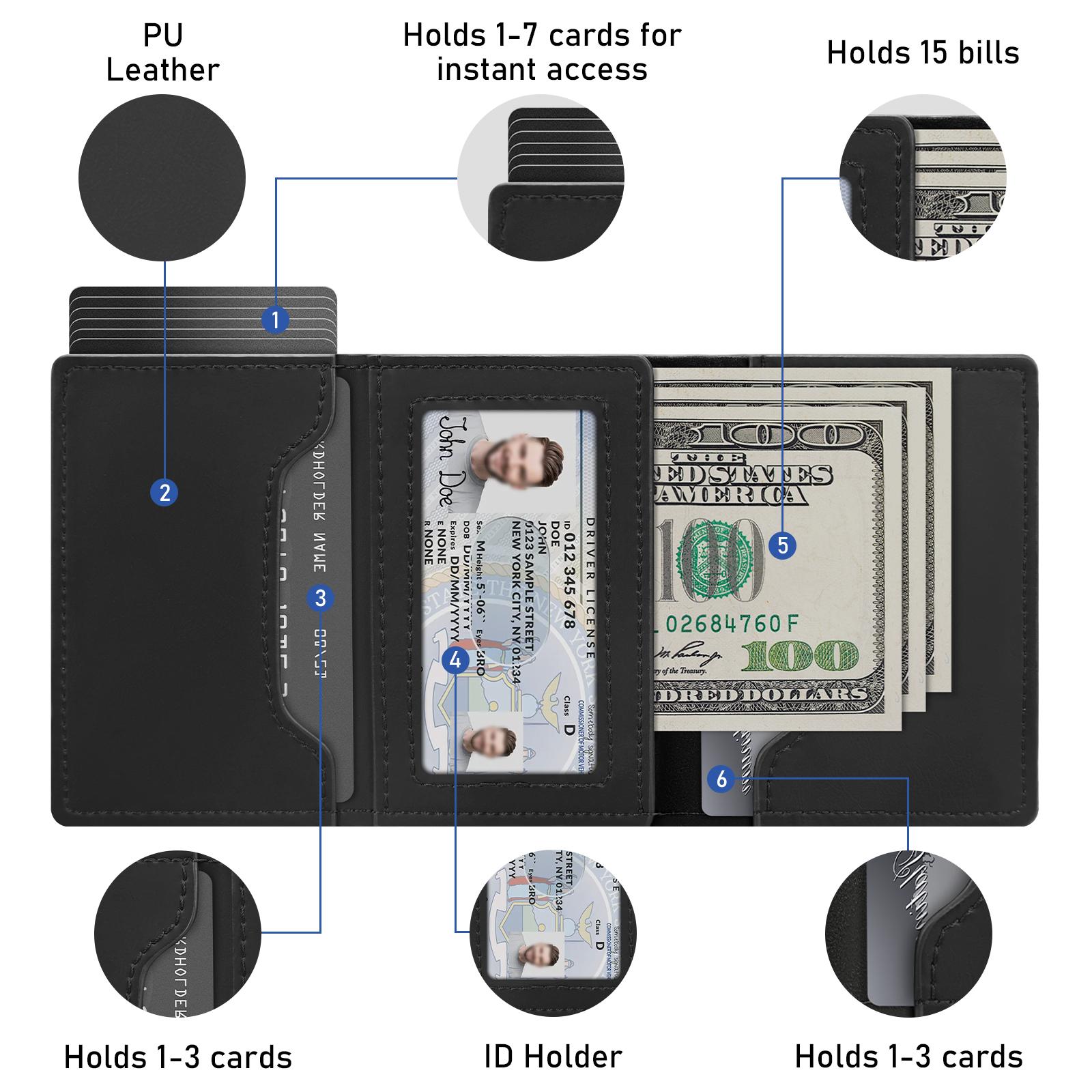 Men's Leather Slim Wallet Compact Design for Cards and Cash One-Click to Pop Up RFID Blocking | ID Window | 9-14 Card Capacity