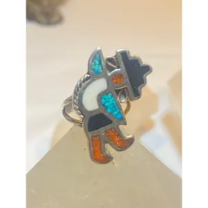 Kachina ring size 5.25 onyx turquoise coral chips  Navajo sterling silver band southwest