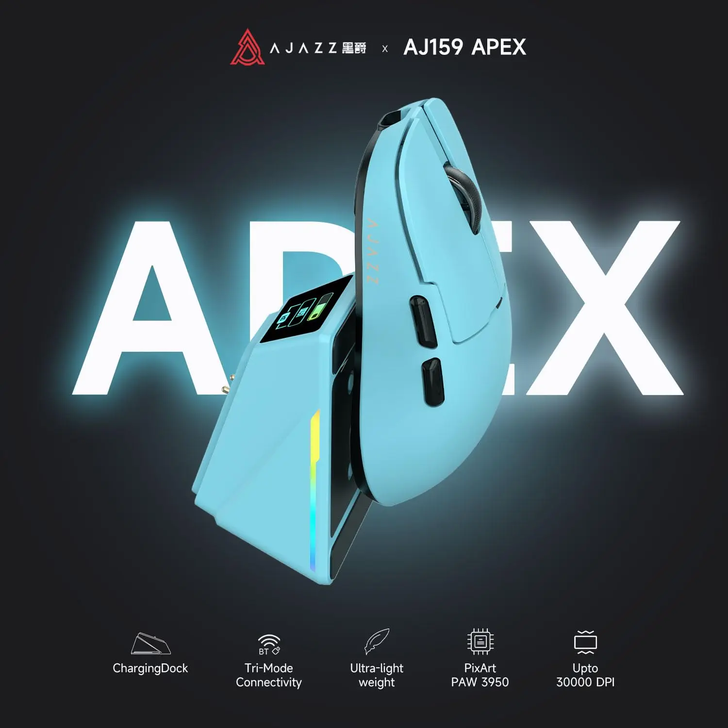 AJAZZ AJ159 APEX Wireless Gaming Mouse/PAW3950APEX Sensor/ 2.4G Wired BT|RGB Magnetic Screen Charging Dock|Lightweight|42K Optical Tracking|400mAh Battery |PAW3950 Sensor. Chargingdock