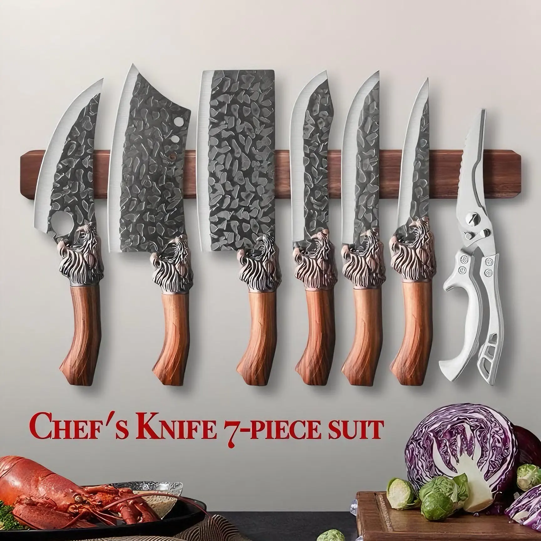 7-piece lion style chef's knife set, thickened stainless steel blade, multi-functional combination set, suitable for kitchen cooking, food processing, easy cutting men woman syvi  oknife  set Forged High Carbon Steel Viking Knife Set