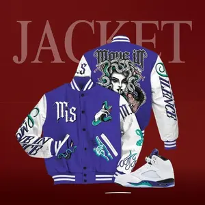 AJ 5 Retro Grape 5s Varsity Jacket, Girl Move in Silence Graphic Print, Oversized Streetwear Baseball Jacket, Fan Outerwear Gift