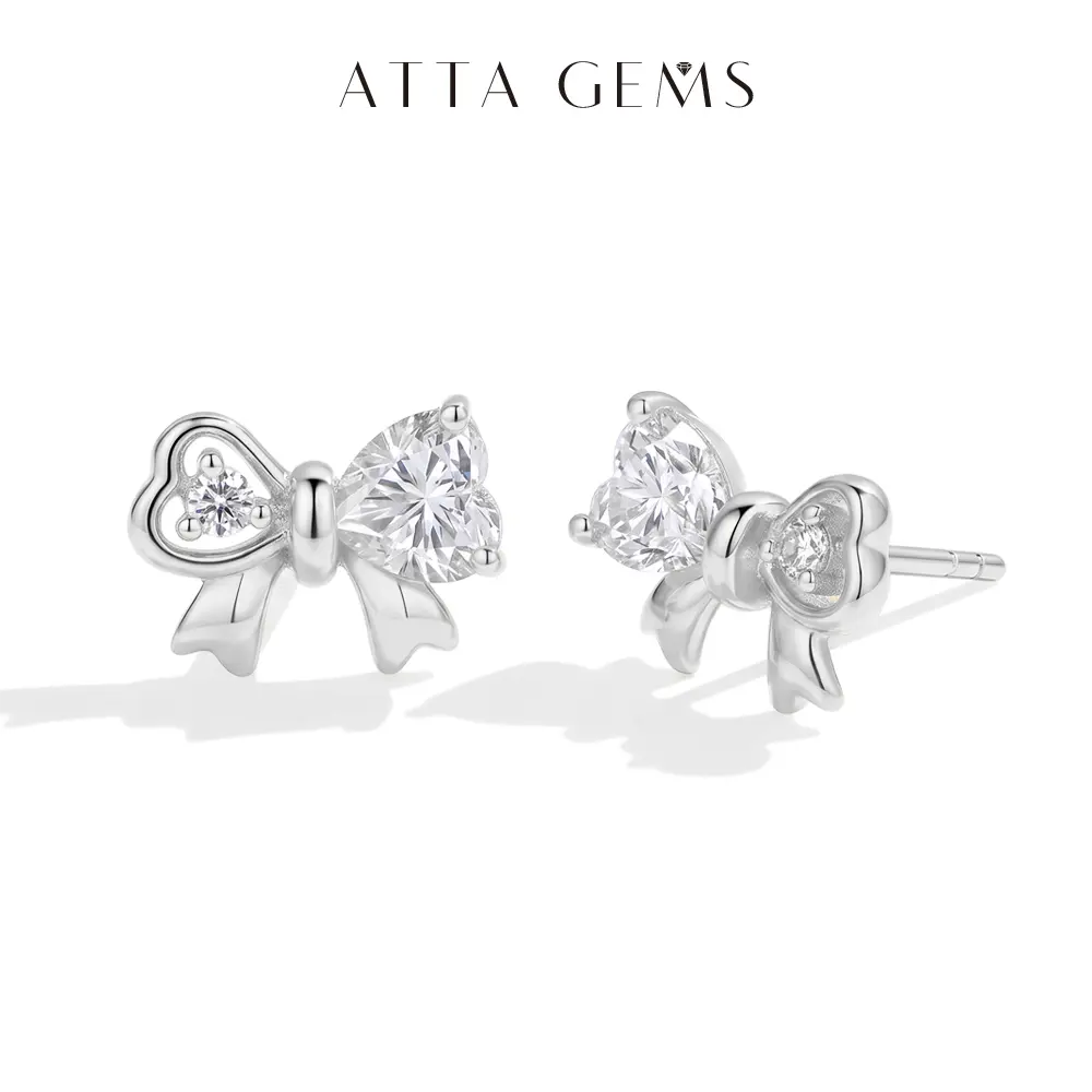 ATTAGEMS Cute Bow Earrings for Women in 925 Sterling Silver, 0.5-1.2ct Heart Cut Lab-Grown Moissanite, Party & Daily Wear Jewelry Gift, Cute Earrings, Bow Shape