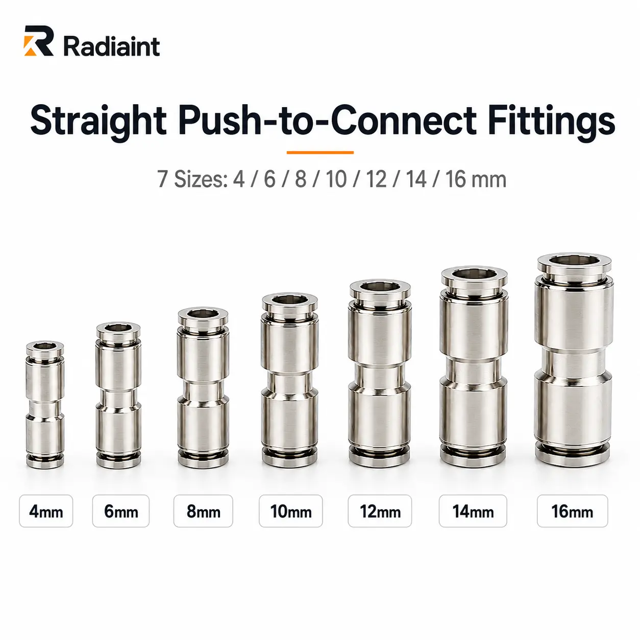 Radiaint Pneumatic Push-to-Connect Fittings Set, 4mm-16mm Straight Union Air Line Connectors, Quick Release Nickel-Plated Brass Tube Fittings for PU, PE and Nylon Tubing, 7 Sizes Assortment, Workshop
