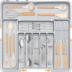 Silverware Drawer Organizer for Kitchen, Adjustable Utensil Drawer Organizer with 2 Knife Block, BPA Free Flatware and Cutlery Holder, Expandable Plastic Storage for Spoons Forks Knives(Grey)