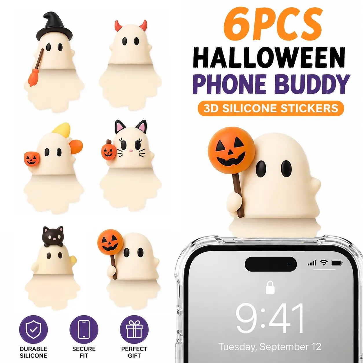 6PCS Halloween Ghost Phone Buddy Set, 3D Silicone Phone Stickers, Cute Phone Topper Decorations for Smartphones, Reusable Halloween Party Favor