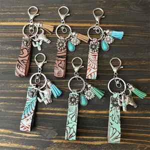 Western cowboy retro leather keychain turquoise cowhide pendant