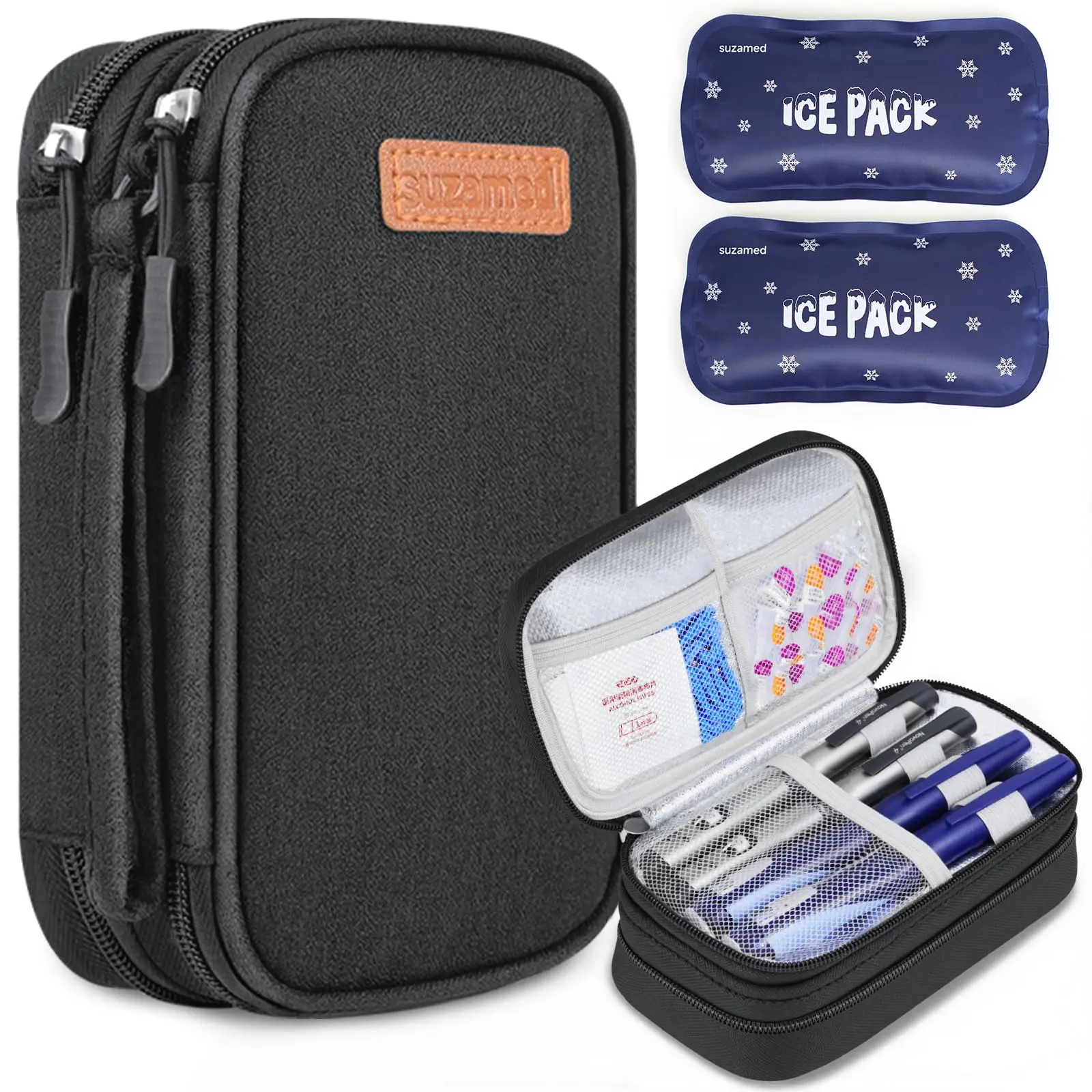 SUZAMED Durable Insulin Cooler Travel Case - Double-Layer Diabetes Organizer Bag with 2x150g Ice Packs, Nylon Outer Layer, Compartments, Shake-Free Band, 7.67x4.13x1.57 Inches Size, TSA-Approved Travel Organizer Bags for Diabetic Supplies