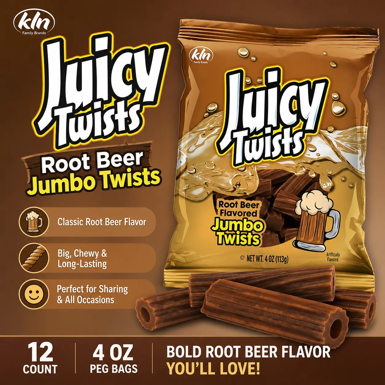 Kennys Juicy Twists Jumbo Root Beer Flavor 4 oz 12 Count Peg Bags Chewy Candy Twists