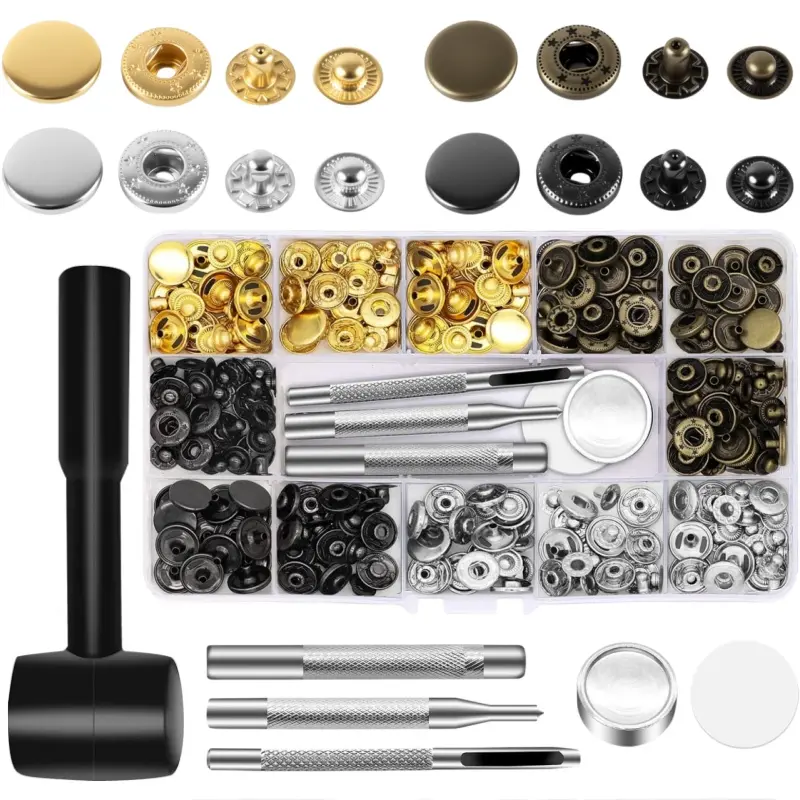 90 sets of 15mm leather snap fastener kits (with hammering pads), metal snap pins, accompanied by 4 fixing tools, suitable for thin clothing, jackets, jeans, bracelets, bags, etc.