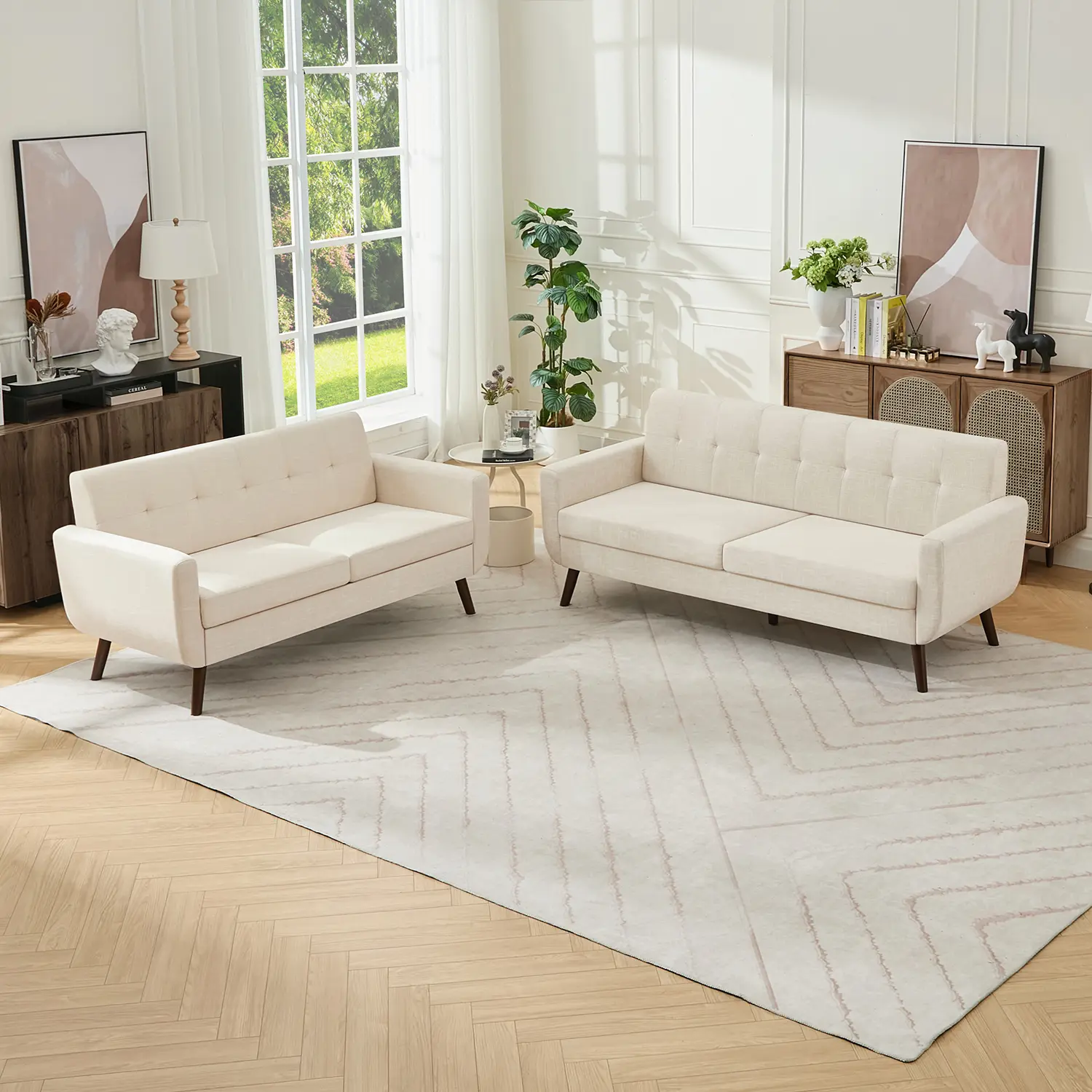 Tbfit Mid Century 2-Piece Beige Button Tufted Linen Combination Sofa Set - Sturdy 4-Leg Loveseat & Standard Double-Cushioned Pocket Springs Sofa for Neutral-Tone Living Room