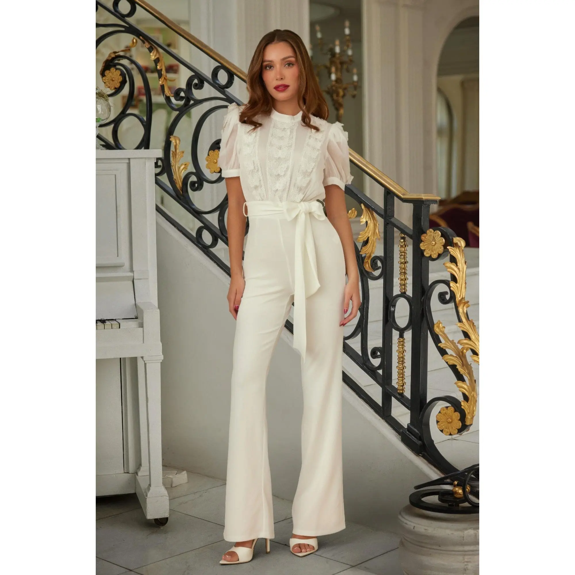 Women's Whimsical Multi-Butterfly Lace Sheer Jumpsuit, Short Sleeve, Back Zipper, Cinch Waist Overalls Set