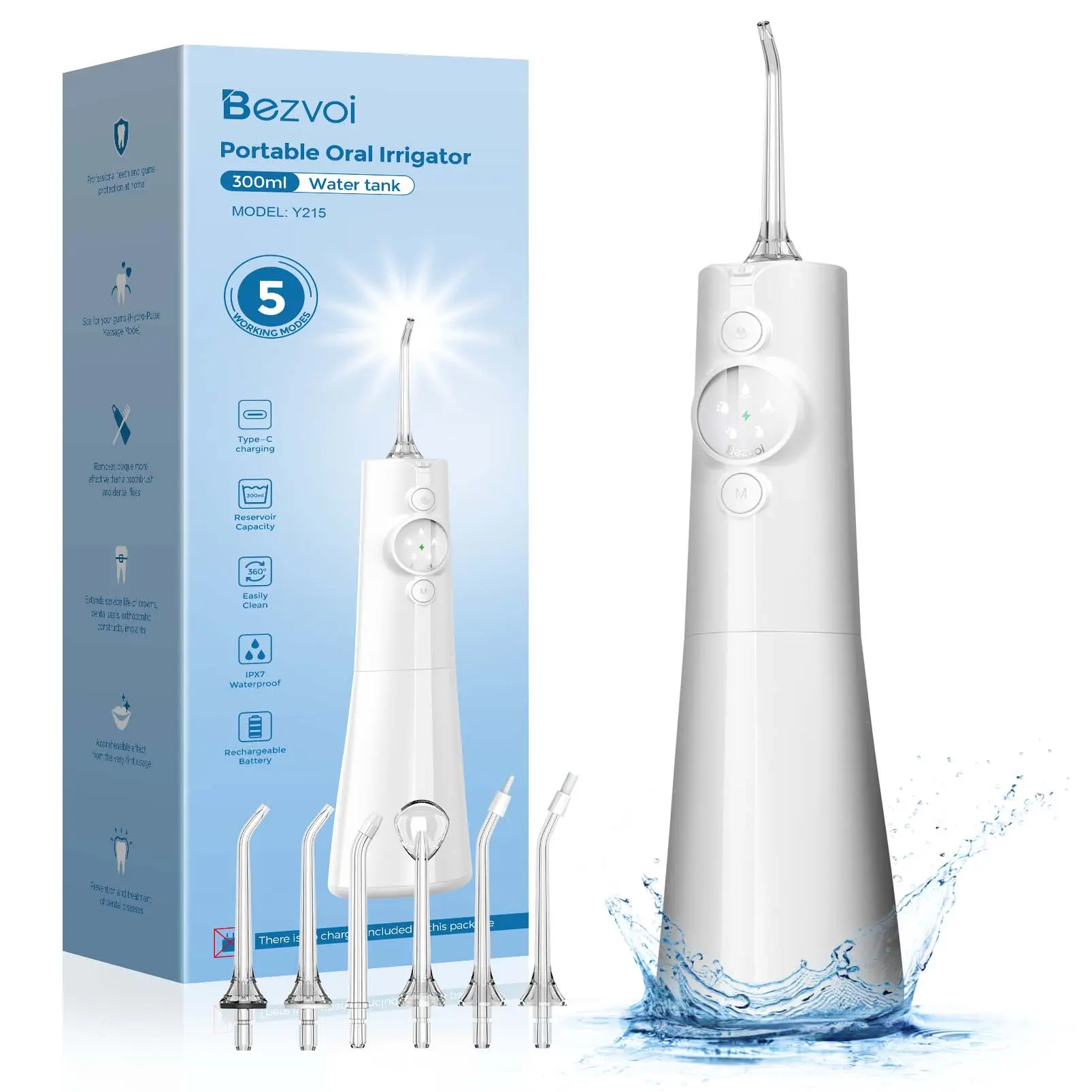 Bezvoi Y215 Water Dental Flosser Cordless: Professional Water Floss LED Display 5 Modes, 300ML Water Tank, IPX7 Waterproof Portable Oral Irrigator with 6 Jet Tips for Travel, Home