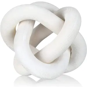 3 Link Wood Knot Decor - Hand Carved Coffee Table Decoration, Boho Chain Link Decor, Modern Shelf, Rustic Objects for Home Living Room Bedroom (White)